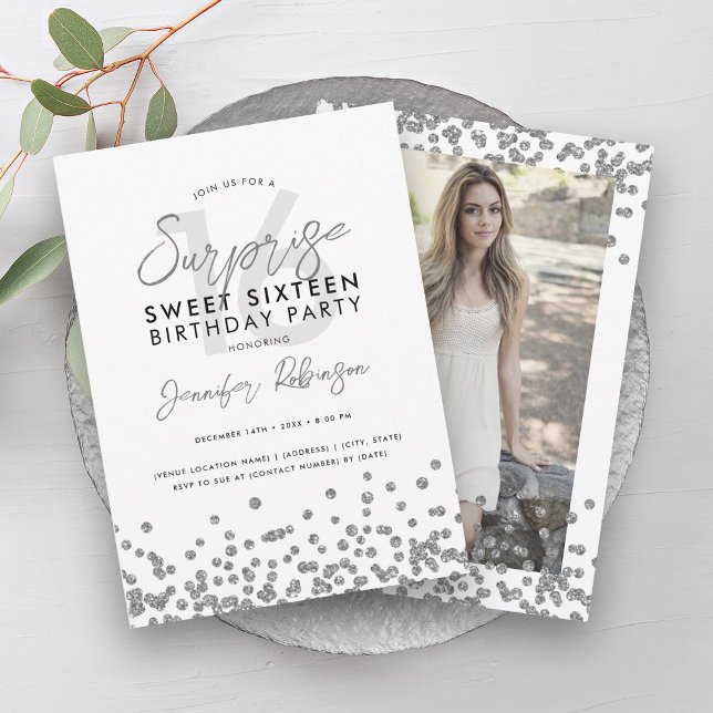 Silver Glitter Confetti Photo Surprise Sweet 16  Invitation (Silver Glitter Confetti Photo Surprise Sweet 16 Invitation)
