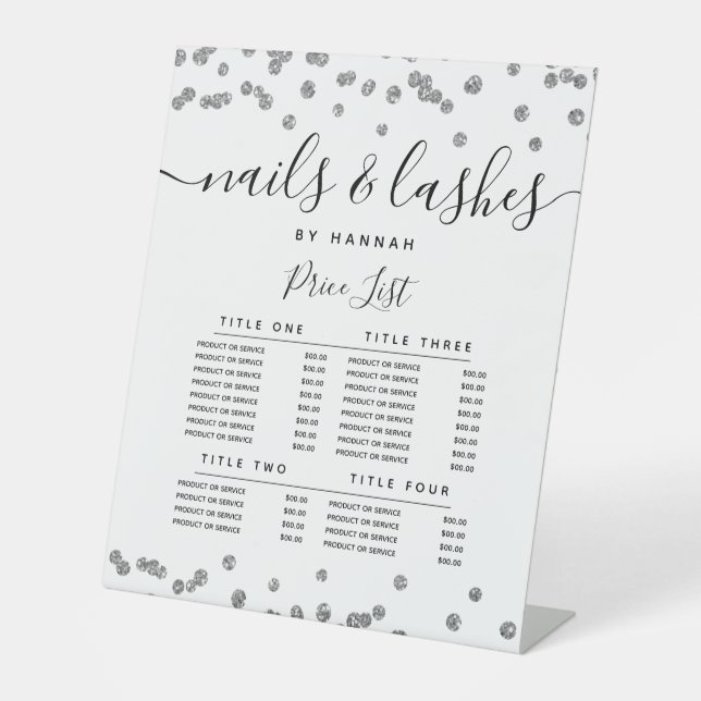 Silver Glitter Confetti Salon Price Menu Pedestal Sign (Front)