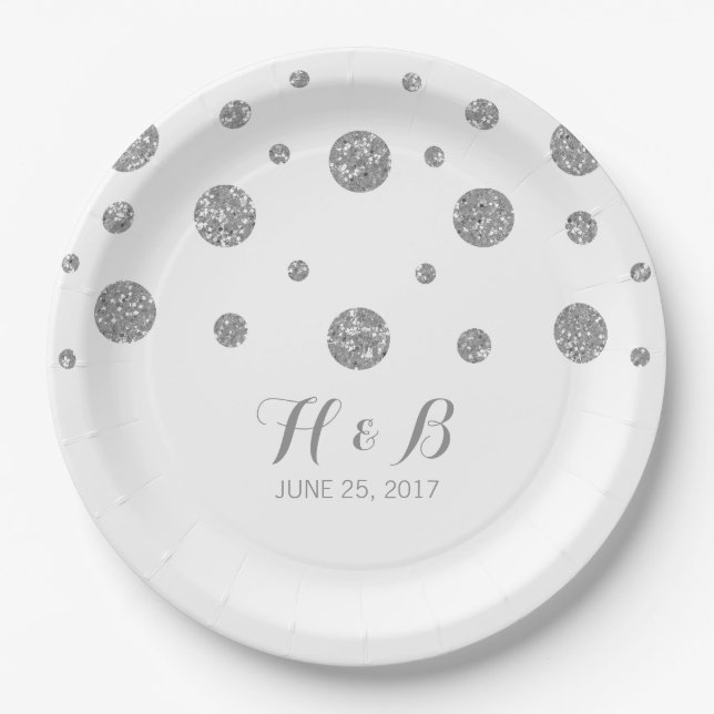 Silver Glitter Confetti Wedding Paper Plates (Front)