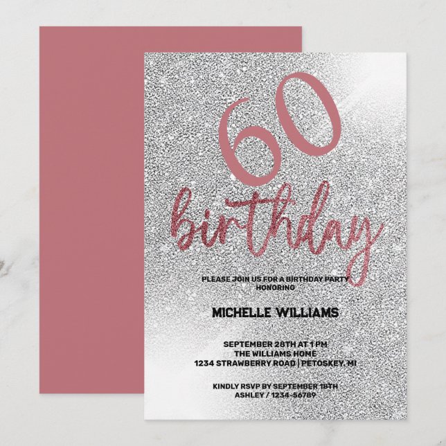 Silver Glitter Coral Calligraphy Birthday Invitation (Front/Back)