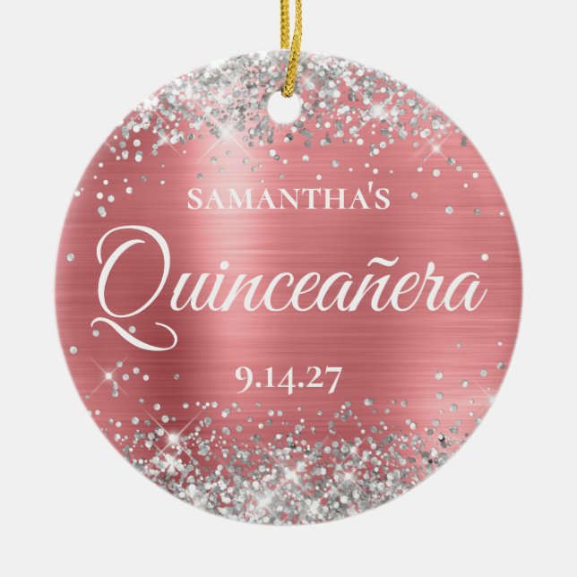 Silver Glitter Coral Glam Quinceañera Photo Ceramic Ornament (Front)