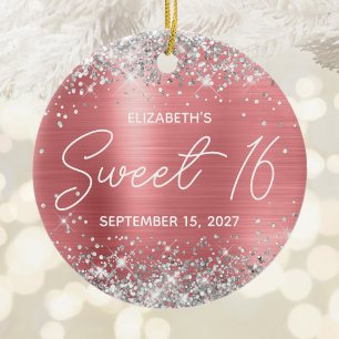 Silver Glitter Coral Modern Fancy Sweet 16 Photo Ceramic Ornament