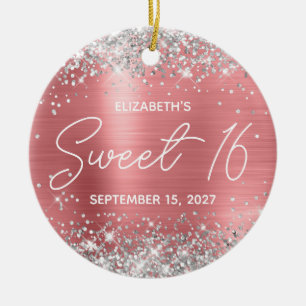 Silver Glitter Coral Modern Fancy Sweet 16 Photo Ceramic Ornament