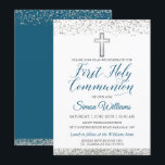 Silver Glitter Cross Script First Holy Communion Invitation<br><div class="desc">Silver Glitter Cross Script First Holy Communion Invitation</div>