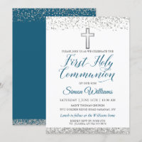 Silver Glitter Cross Script First Holy Communion