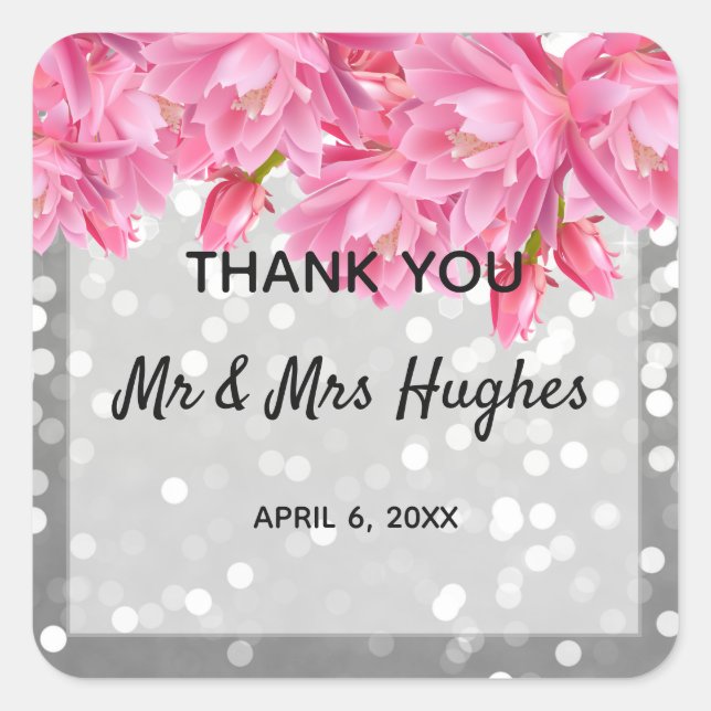 Silver glitter crystals pink floral wedding square sticker (Front)
