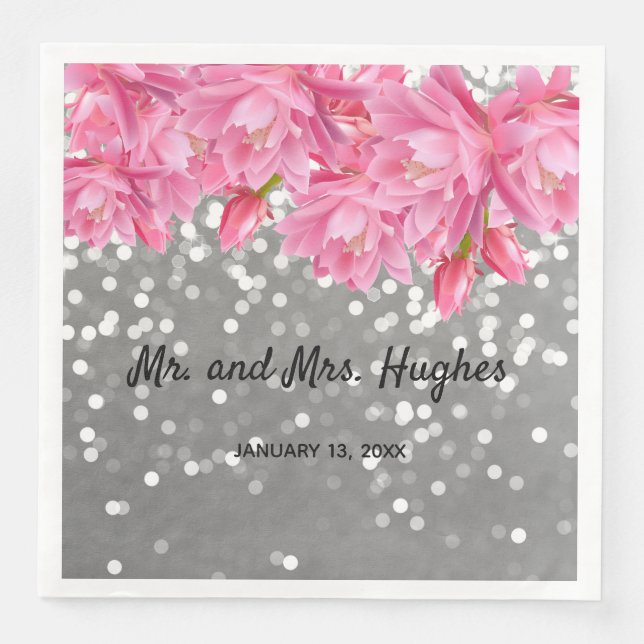 Silver glitter crystals pink floral wedding theme napkin (Front)
