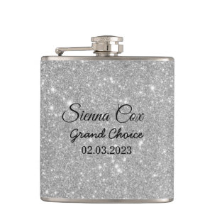 Silver Glitter Custom Name  Hip Flask
