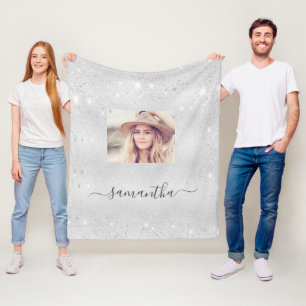 Silver glitter custom photo name fleece blanket