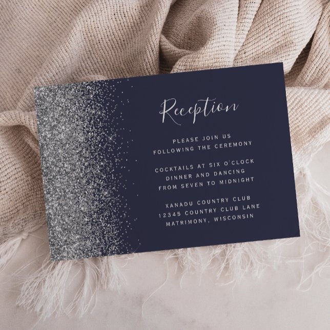 Silver Glitter Dark Blue Wedding Reception Enclosure Card (Creator Uploaded)