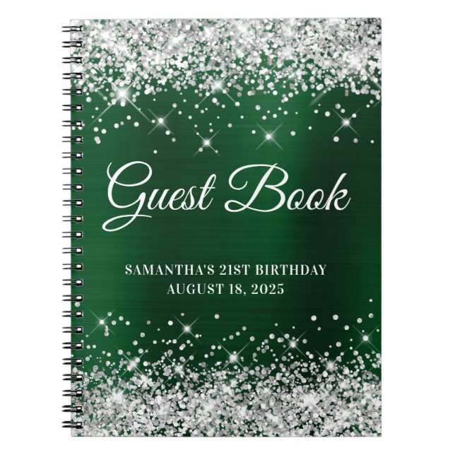 Silver Glitter Dark Green 21st Birthday Guestbook Notebook (Front)