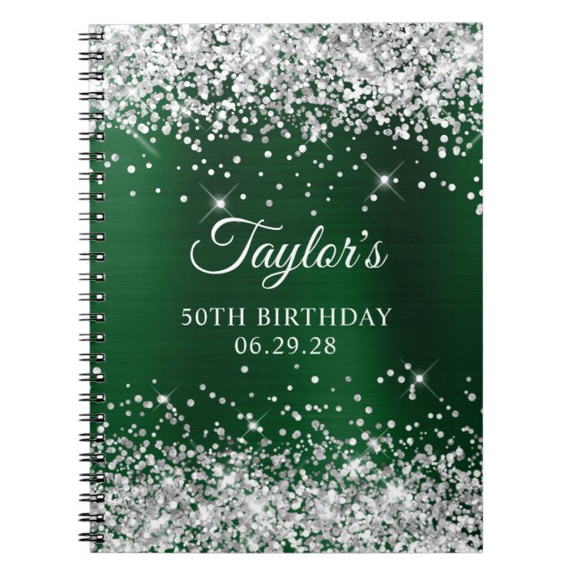 Silver Glitter Dark Green Foil 50th Birthday Guest Notebook (Front)