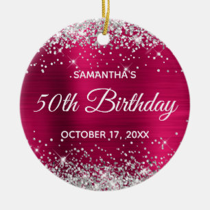 Silver Glitter Dark Pink Foil 50th Birthday Ceramic Ornament