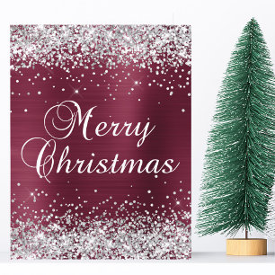 Silver Glitter Dark Red Foil Big Merry Christmas Card