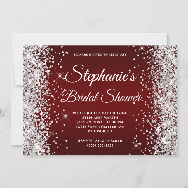 Silver Glitter Dark Red Gradient Fancy Monogram Invitation (Front)