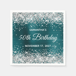 Silver Glitter Dark Teal Blue Foil 50th Birthday Napkin