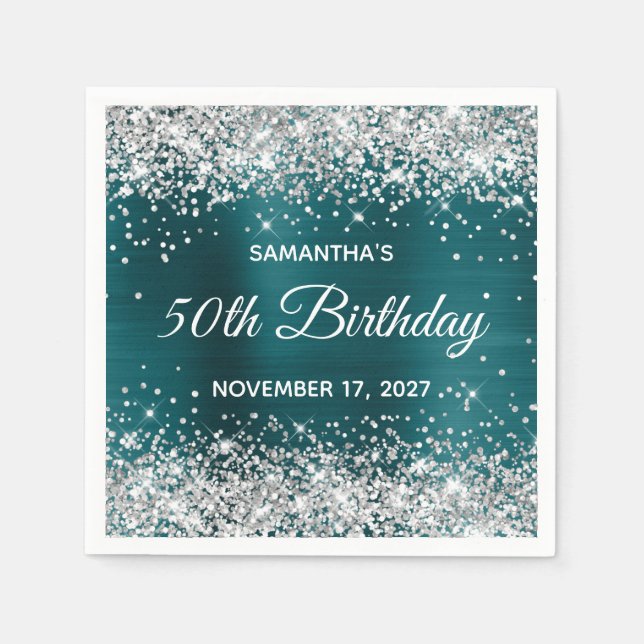 Silver Glitter Dark Teal Blue Foil 50th Birthday Napkin (Front)