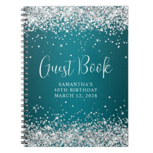 Silver Glitter Dark Turquoise 40th Birthday Guest Notebook