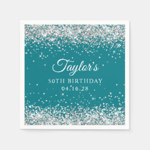 Silver Glitter Dark Turquoise 50th Birthday Napkin