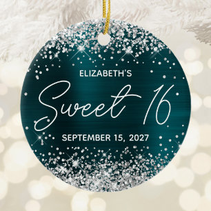 Silver Glitter Dark Turquoise Fancy Sweet 16 Photo Ceramic Ornament