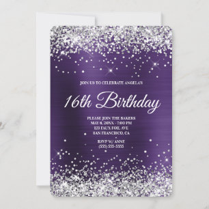 Silver Glitter Dark Violet Foil 16th Birthday Invitation