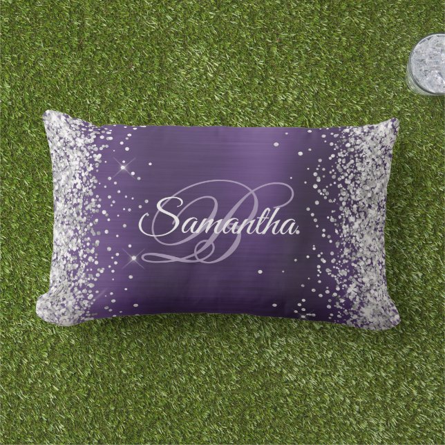 Silver Glitter Dark Violet Foil Fancy Monogram Lumbar Pillow (Grass)