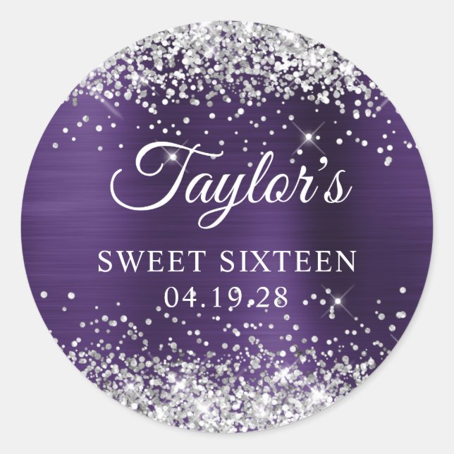 Silver Glitter Dark Violet Foil Sweet Sixteen Classic Round Sticker (Front)
