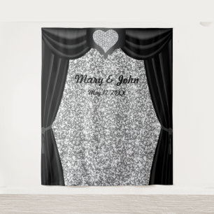 Silver Glitter Diamond Heart Black Curtain Tapestry