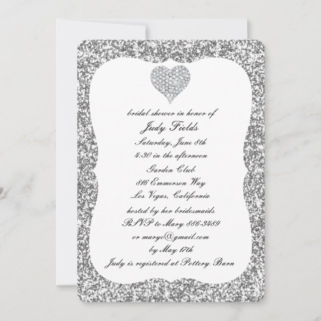 Silver Glitter Diamond Heart Bridal Shower Invite (Front)