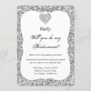 Silver Glitter Diamond Heart Bridesmaid Card
