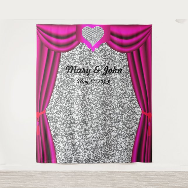 Silver Glitter Diamond Heart Pink Curtain Backdrop Tapestry (Front)