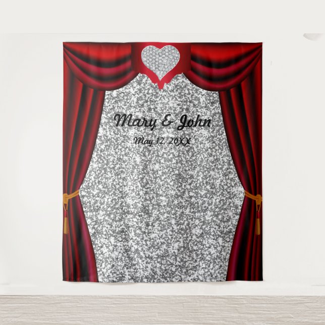 Silver Glitter Diamond Heart Red Curtain Backdrop Tapestry (Front)
