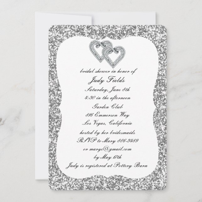 Silver Glitter Diamond Hearts Bridal Shower Invite (Front)