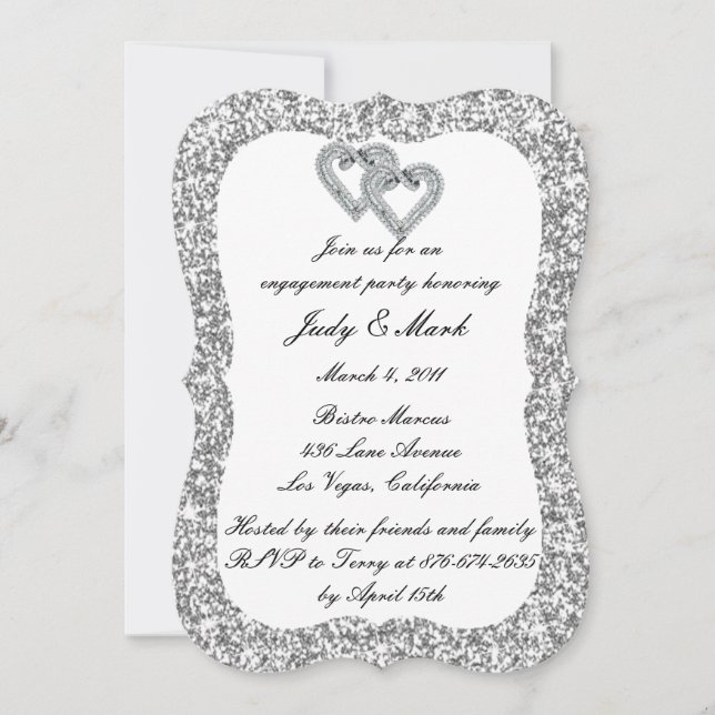 Silver Glitter Diamond Hearts Engagement Party Invitation (Front)