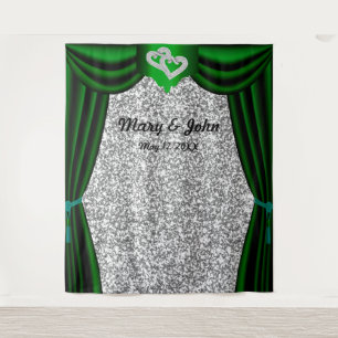 Silver Glitter Diamond Hearts Green Curtain Tapestry