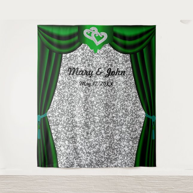 Silver Glitter Diamond Hearts Green Curtain Tapestry (Front)