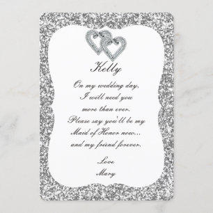Silver Glitter Diamond Hearts Maid Of Honour Card