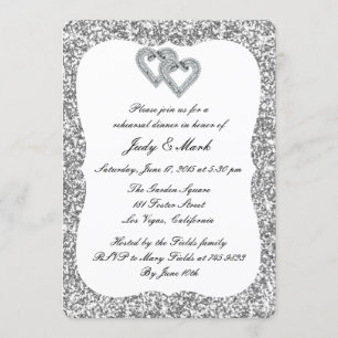 Silver Glitter Diamond Hearts Rehearsal Dinner Invitation