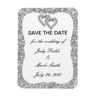 Silver Glitter Diamond Hearts Save The Date Magnet