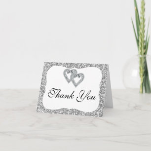 Silver Glitter Diamond Hearts Thank You Card