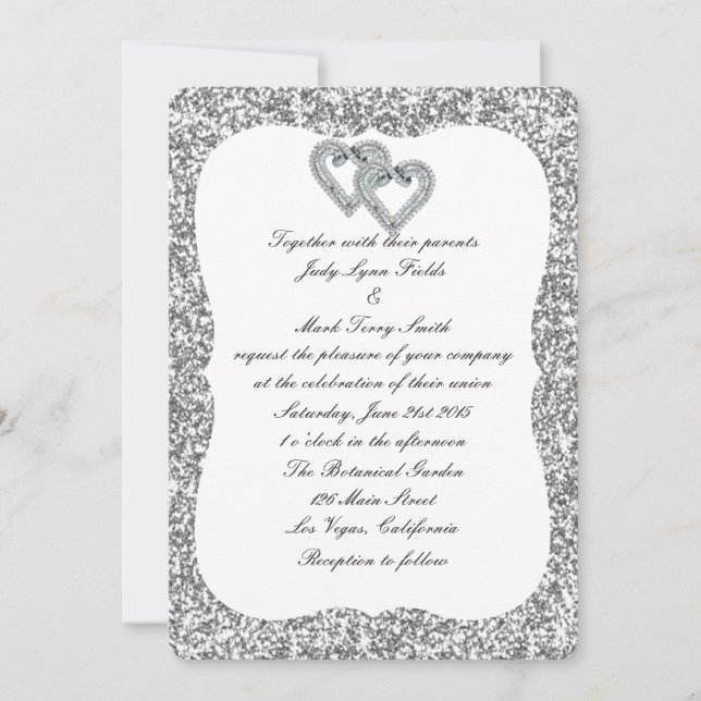 Silver Glitter Diamond Hearts Wedding Invitation (Front)