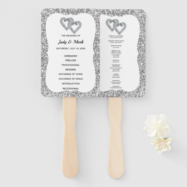 Silver Glitter Diamond Hearts Wedding Program Fans (Front and Back)