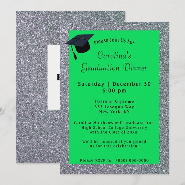 Silver Glitter Dinner Green Graduation Invitation (Front/Back)