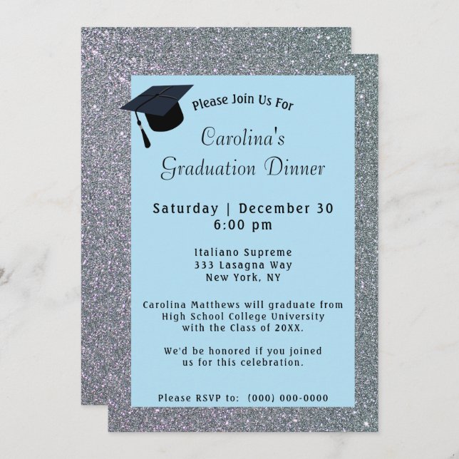 Silver Glitter Dinner Light Blue Graduation Invitation (Front/Back)