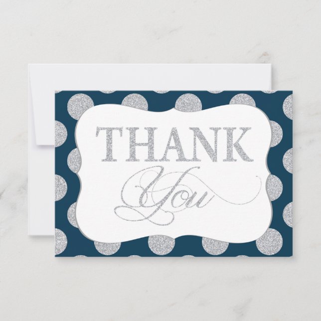 Silver Glitter Dots Navy Blue Modern Thank You Card (Front)