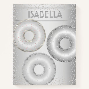Silver glitter doughnuts name modern trendy girly notebook