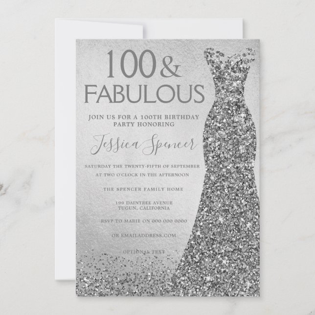 Silver Glitter Dress 100 & fabulous 100th Birthday Invitation (Front)