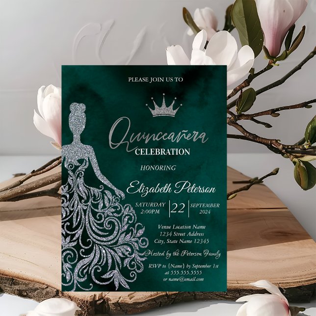 Silver Glitter Dress,Diamonds Green Sweet 15 In Invitation (Creator Uploaded)