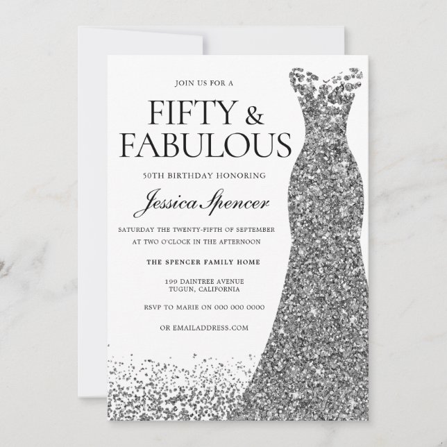 Silver Glitter Dress Fifty & Fabulous 50th Party Invitation (Front)