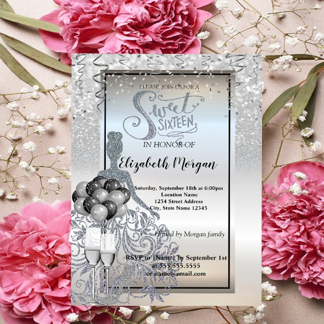 Silver  Glitter Dress,Glass,Ballons Sweet 16 Party Invitation (Creator Uploaded)
